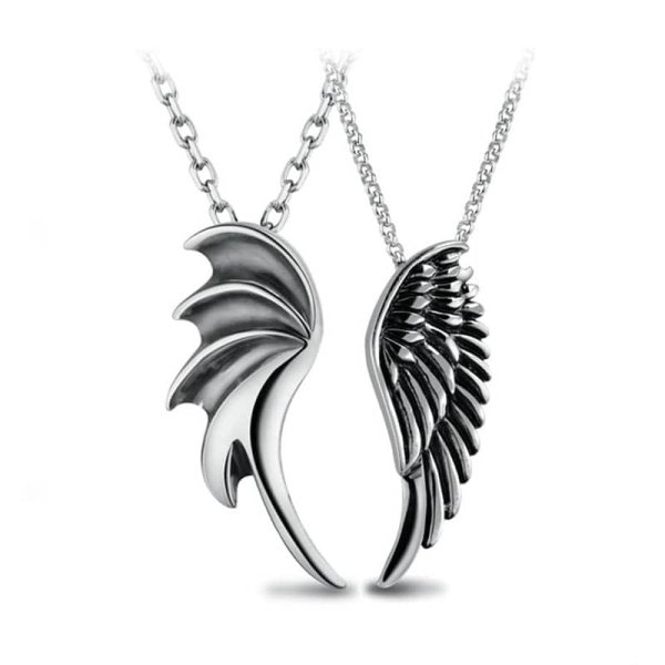 (image for) Angel Demon Wing Matching Couple Necklaces Antiqued Finish In Sterling Silver