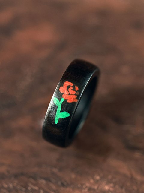 Ebony Wood Malachite Cinnabar Rose Ring For Men - 7mm (image for) Ebony Wood Malachite Cinnabar Rose Ring For Men - 7mm