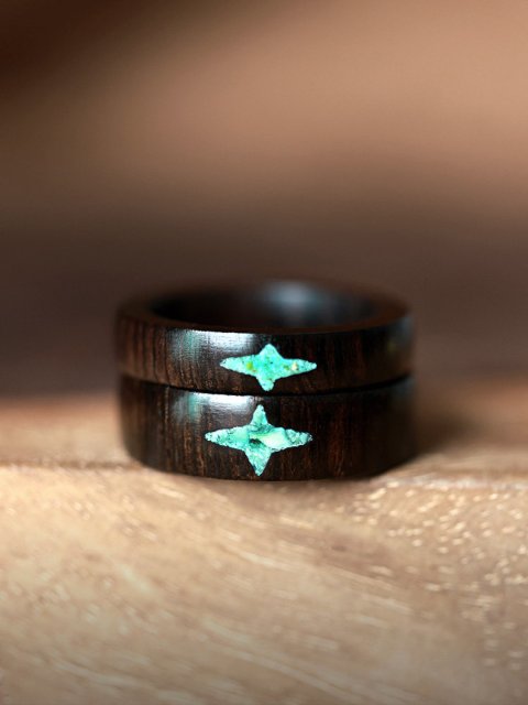 (image for) African Blackwood Turquoise Four Pointed Star Rings For Couples