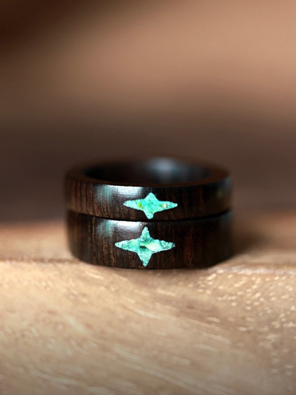 (image for) African Blackwood Turquoise Four Pointed Star Rings For Couples