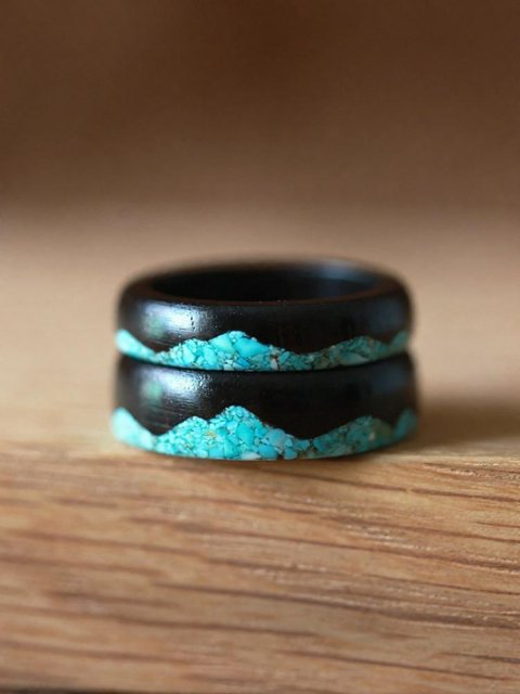 (image for) Ebony Wood Turquoise Mountain Rings For Couples