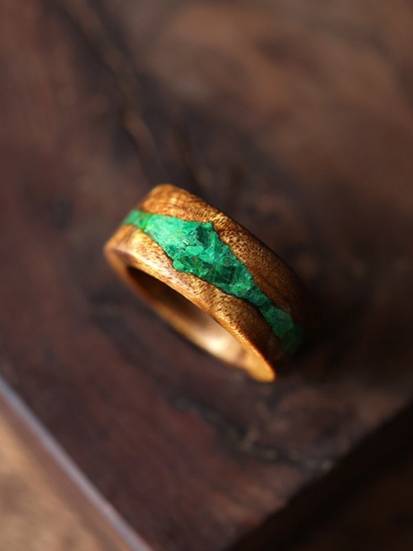 (image for) Nanmu Wood 10mm Mens Wedding Band Malachite Inlay
