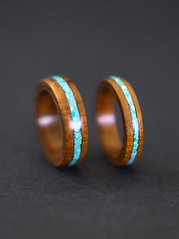(image for) Phoebe Zhennan Wood Turquoise Inlay Wedding Bands For Couples
