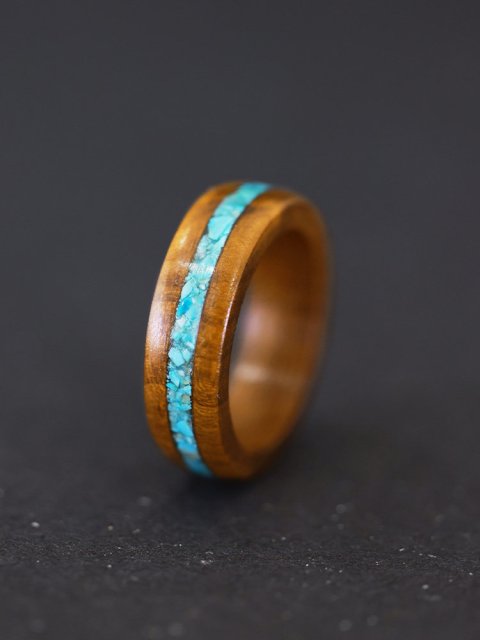 Phoebe Zhennan Wood Turquoise Inlay Wedding Band For Men - 7mm (image for) Phoebe Zhennan Wood Turquoise Inlay Wedding Band For Men - 7mm