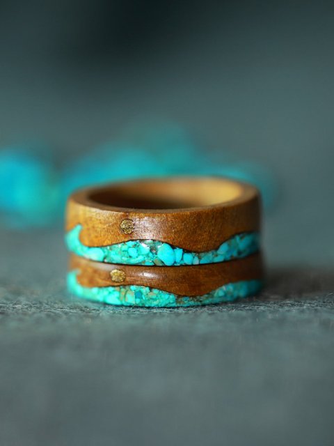 Phoebe Wood Copper Sun Turquoise Wave Couple Wedding Rings (image for) Phoebe Wood Copper Sun Turquoise Wave Couple Wedding Rings