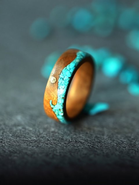 Phoebe Wood Copper Sun Turquoise Wave Mens Wedding Rings - 7mm (image for) Phoebe Wood Copper Sun Turquoise Wave Mens Wedding Rings - 7mm