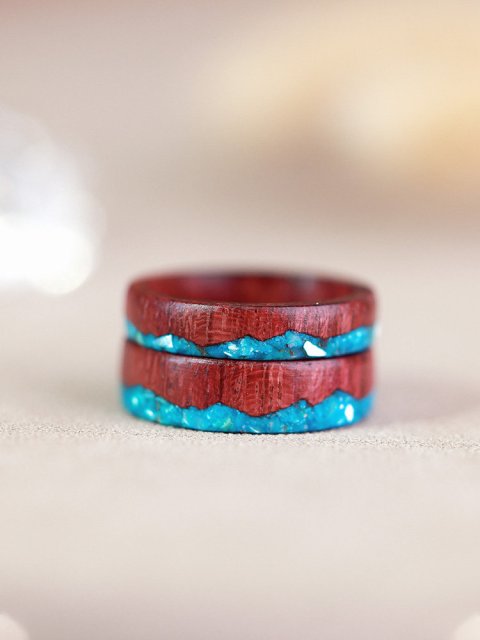 (image for) Purpleheart Wood Blue Shell Mountain Rings For Couples