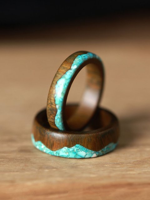 (image for) Green Sandalwood Verawood Turquoise Mountain Rings For Couples