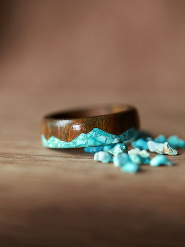 (image for) Green Sandalwood Verawood Turquoise Mens Mountain Ring - 7mm