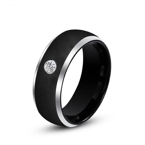 (image for) 8mm Black Dome Tungsten Ring Mens Sandblasted Brushed Finish Wedding Band with Diamond