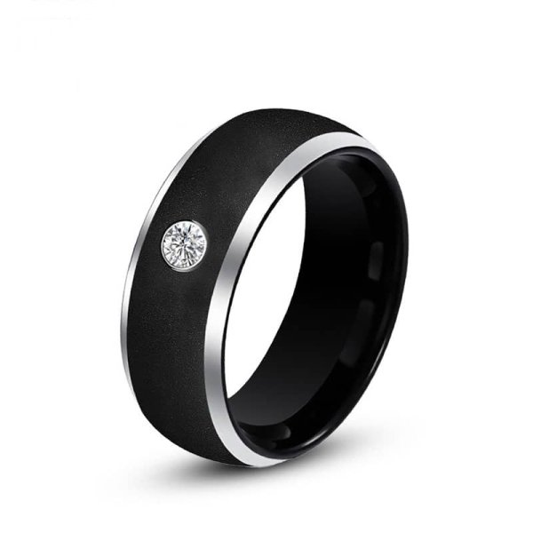 (image for) 8mm Black Dome Tungsten Ring Mens Sandblasted Brushed Finish Wedding Band with Diamond