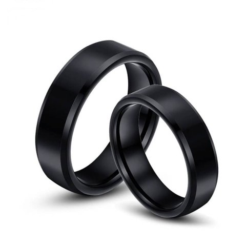 (image for) Matching Black Tungsten Couple Rings with Flat Center and Beveled Edges