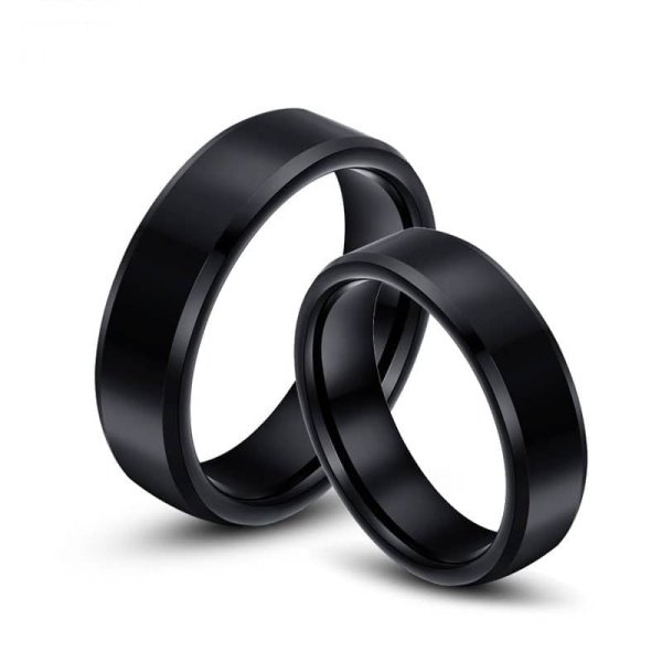 (image for) Matching Black Tungsten Couple Rings with Flat Center and Beveled Edges