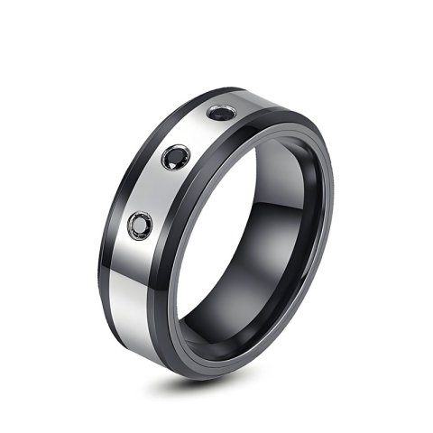 (image for) Black Tungsten Ring with Three Black Diamonds 8mm Mens Two Tone Wedding Band