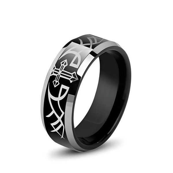 (image for) Black Tungsten Ring with Laser Engraved Cross and Wings Mens Wedding Band