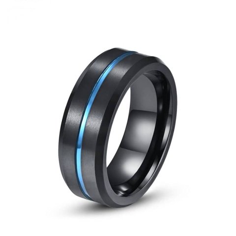 (image for) Black Tungsten Wedding Bands With Blue Groove, Brushed Finish Mens Tungsten Carbide Wedding Ring Band With Beleved Edges - 8mm, Matching Couple Tungsten Jewelry Set