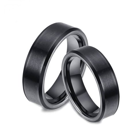 (image for) Matching Black Tungsten Couple Rings with Brushed Center and High Polished Beveled Edges
