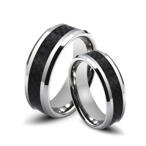 (image for) Carbon Fiber Inlaid Tungsten Wedding Bands Sets for Men & Women, Beveled-Edge Tungsten Carbide Wedding Ring - 6mm - 8mm, Matching His Hers Jewelry for Couples