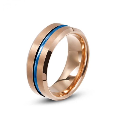 (image for) Rose Gold Tungsten Wedding Bands With Blue Grooves, Men Or Women Tungsten Carbide Wedding Ring Band With Beleved Edges - 8mm, Matching Couple Tungsten Jewelry