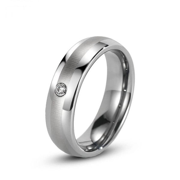 (image for) Domed Tungsten Wedding Bands With CZ Diamond And Center Brushed Finish, Tungsten Carbide Wedding Ring For Women Or Men - 6mm, Matching Couple Tungsten Jewelry