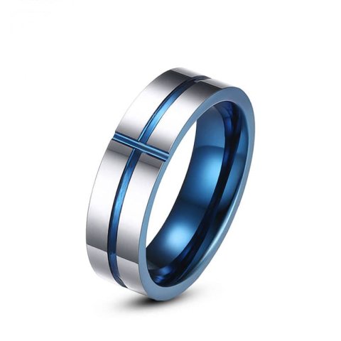 (image for) Blue Tungsten Wedding Bands With Crossed Grooves, Men Or Women Two-Tone Tungsten Carbide Wedding Ring Band - 6mm - 8mm, Matching Couples Tungsten Jewelry Set