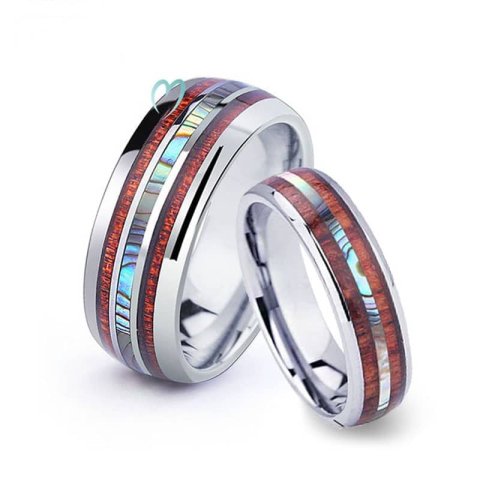 (image for) Koa Wood And Mother Of Pearl Inlay Tungsten Wedding Bands, Matching Domed Tungsten Carbide Wedding Ring Band - 6mm - 8mm, His and Hers Jewelry Set for Couples