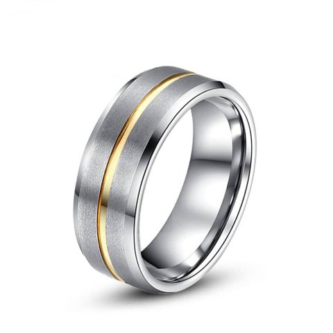 (image for) Beveled-Edge Tungsten Wedding Band, Gold Inlaid Tungsten Carbide Wedding Ring Band with Brushed Center - 6mm - 8mm, Matching Couples Jewelry Set for Him and Her