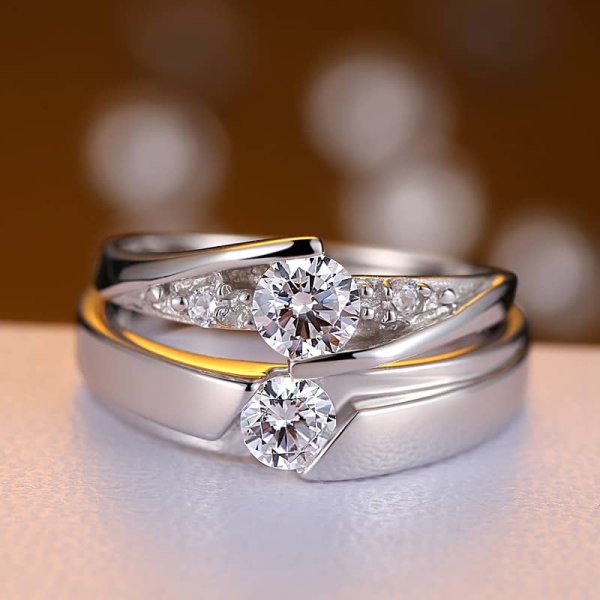(image for) Cubic Zirconia Diamonds Engagement Matching Promise Rings Set In Sterling Silver