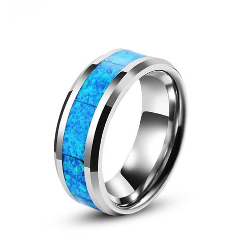 (image for) Opal Inlay Tungsten Wedding Bands With Beveled Edges, Unique Gemstone Tungsten Carbide Wedding Ring For Women Or Men - 8mm, Matching Couple Tungsten Jewelry