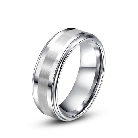 (image for) Step-Edge Tungsten Wedding Band, White Tungsten Carbide Wedding Ring Band with Raised Brushed Center - 6mm - 8mm, Matching Couple Jewelry Set for Him and Her