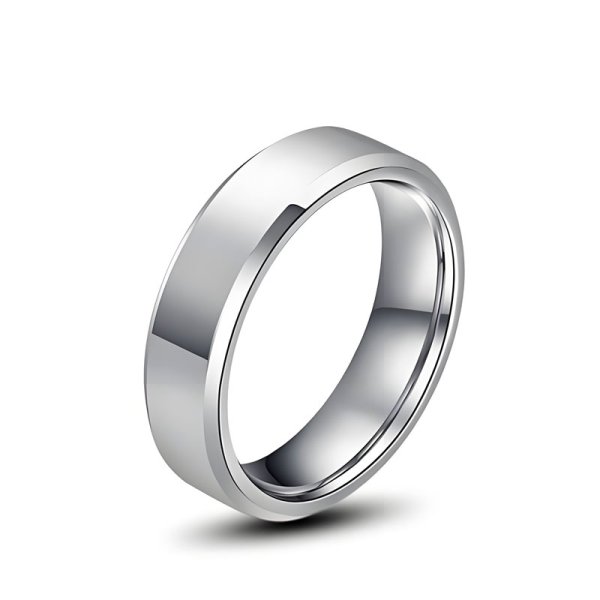 (image for) Classic Silver White Tungsten Ring with High Polished Flat Center and Beveled Edges 4mm 6mm 8mm