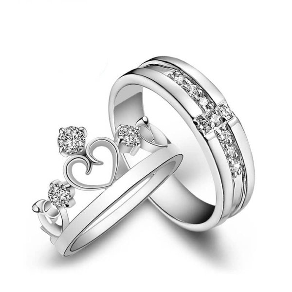 (image for) Open Heart Crown CZ Diamonds Cross Matching Promise Rings Set In Sterling Silver