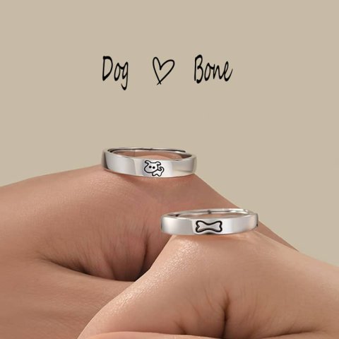 (image for) Dog & Bone Matching Couple Pup Pet Rings In Sterling Silver