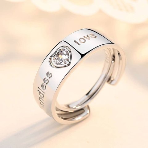 (image for) Endless Love Matching Open Heart Band And CZ Diamond Ring Set In 925 Sterling Silver