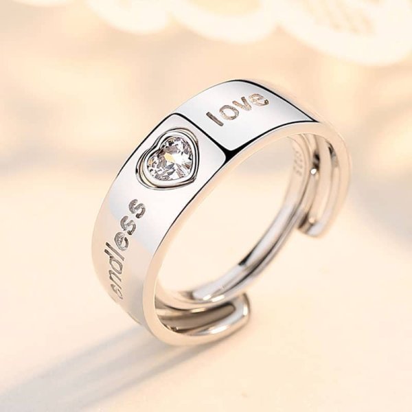 (image for) Endless Love Engraved Open Heart CZ Diamond Matching Rings For Couples In Sterling Silver