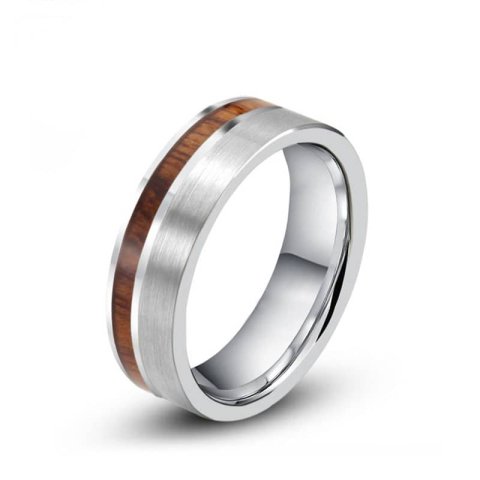 (image for) Koa Wood Inlaid Tungsten Wedding Band, Unique Tungsten Carbide Wedding Ring Band with Brushed Center - 6mm - 8mm, Matching His and Hers Jewelry Set for Couples