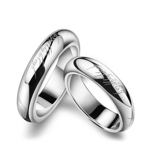 (image for) Lotr Laser Engraved Couple Wedding Bands for Men and Women, Lord of The Rings One Ring in 925 Sterling Silver, Matching His and Hers Jewelry Set for Couples