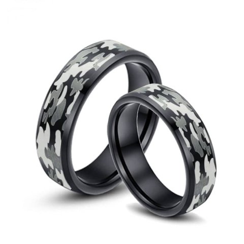 (image for) Camo Laser Engraved Tungsten Wedding Bands Set, Black Tungsten Carbide Wedding Ring with Beveled Edges - 6mm - 8mm, Matching His and Hers Jewelry for Couples