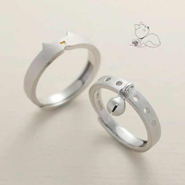 (image for) Cat Ear Bell Matching Couple Rings Set Matte Finish In Sterling Silver