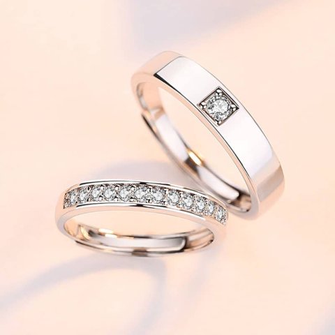 (image for) Cubic Zirconia Diamond Accents Couple Promise Rings for Women and Men, Wedding Ring Band in Sterling Silver, Matching His and Hers Jewelry Set for Couples