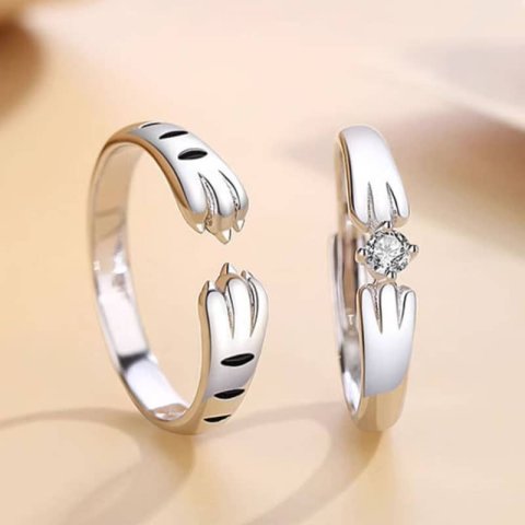 (image for) Matching Couple Silver Cat Paw Rings With CZ Diamond Cute Gift