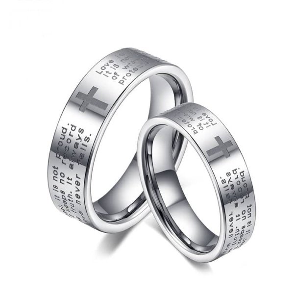 (image for) Flat White Tungsten Wedding Bands Set, Holy Bible and Cross Engraved Tungsten Carbide Wedding Ring Band - 4mm - 6mm, Matching His and Hers Jewelry for Couples