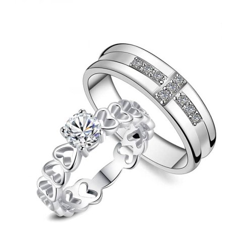 (image for) CZ Diamond Cross Wedding Band and Heart Link Engagement Ring Set, Personalized Promise Rings in 925 Sterling Silver, Matching His and Hers Jewelry for Couples