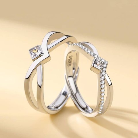 (image for) Princess Diamond Matching Crown Promise Rings For Couples In Sterling Silver