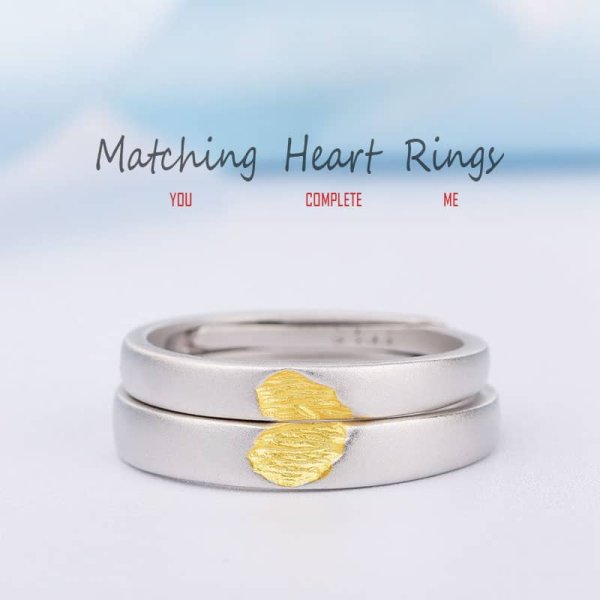 (image for) 18K Gold Plated Heart Matte Finish Matching Couple Rings Set In Sterling Silver