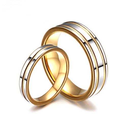 (image for) Two-Tone Tungsten Wedding Bands Set for Women and Men, Gold Tungsten Carbide Wedding Ring Band with Polished Center & Grooves, Matching Couple Jewelry for Him and Her