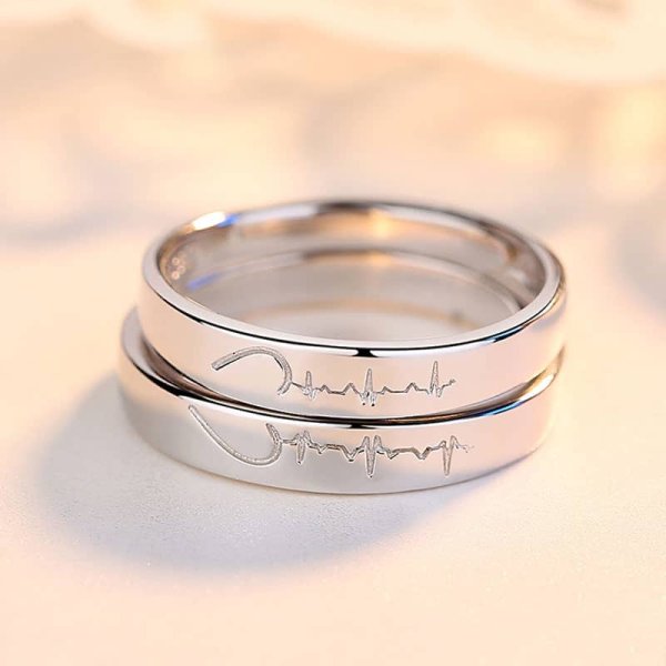 (image for) Heartbeat And Heart Engraved Matching Couple Rings Set In Sterling Silver