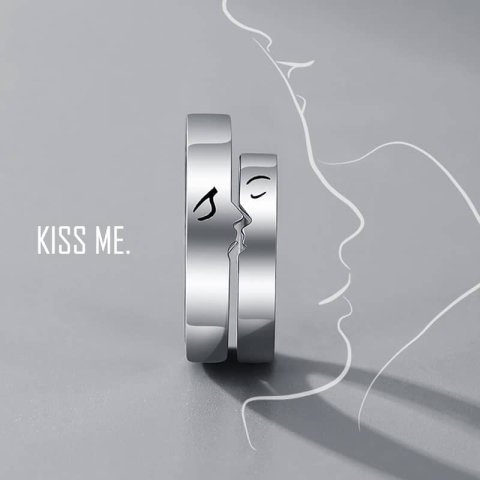 (image for) Kiss Me Matching Couple Kiss Rings Set In Sterling Silver - Adjustable Size