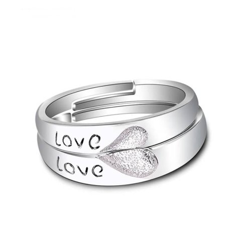 (image for) Love Engraved Two Half Hearts Puzzled Promise Rings for Couples, Sterling Silver Wedding Band with Hammered Finish, Matching Couple Jewelry Set for Him and Her