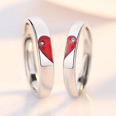 (image for) Red Fingerprint Heart Matching Promise Rings in 925 Sterling Silver